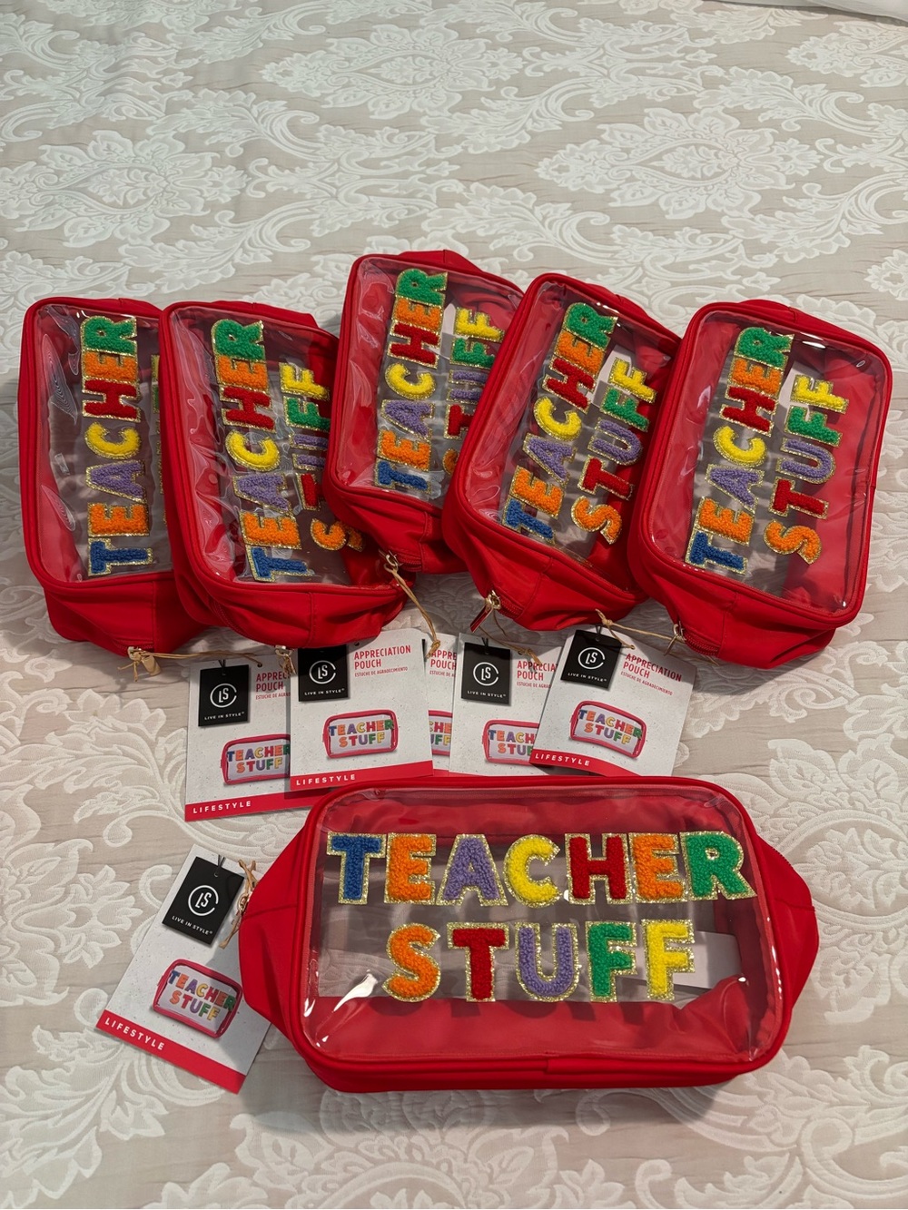 NWT ALDI Red "Teacher Stuff" Clear Pouch - Multi-Color Lettering